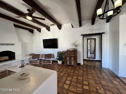 Exposed wood ceiling beams in the living room at 570 South Main Unit 1