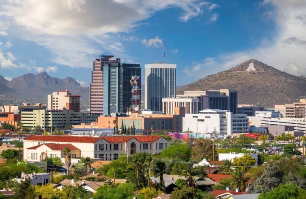 Downtown Tucson skyline with mountains in the distance
